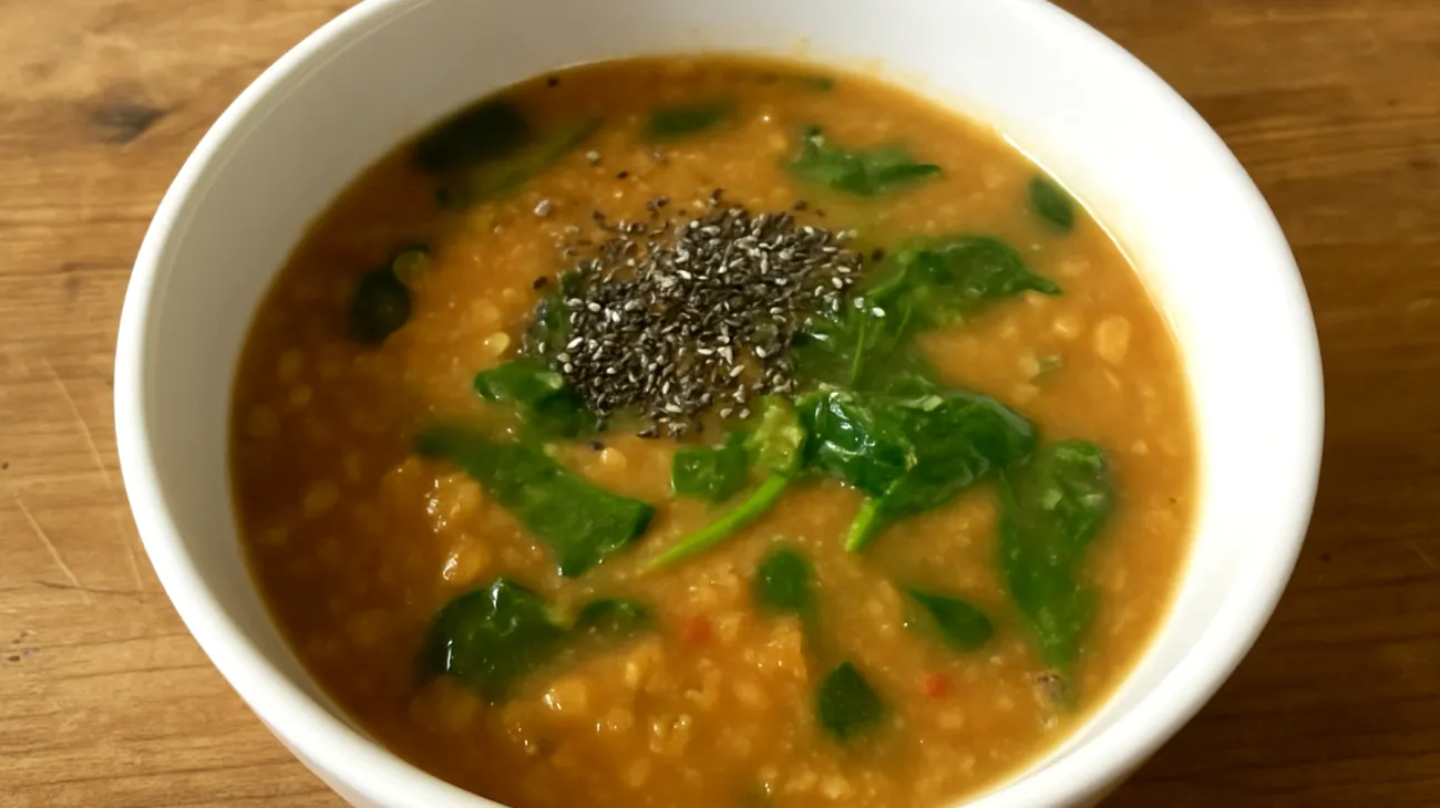 Zuppa di lenticchie rosse con semi di chia e verdure a foglia verde"
