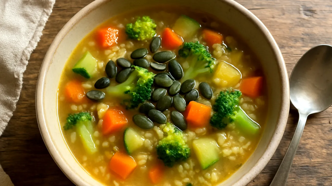 Zuppa di miglio con verdure di stagione e semi di zucca"
